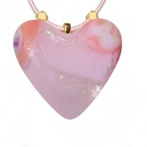 Pink Beauty Heart Pendant, Custom Glass Fused, Pink Metallic Leather Cord 20"